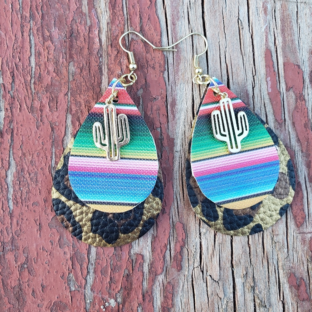 Serape and cheetah print faux leather earrings